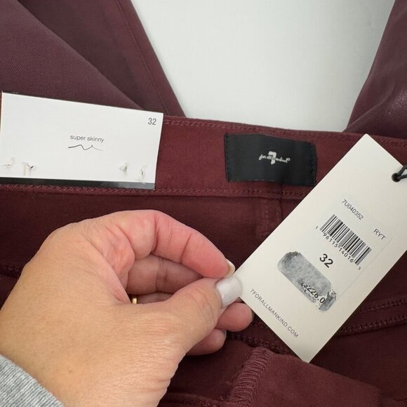 7 for All Mankind NEW Burgundy Waxed Denim High Waist Ankle Skinny Women's Sz 32 - Picture 8 of 9